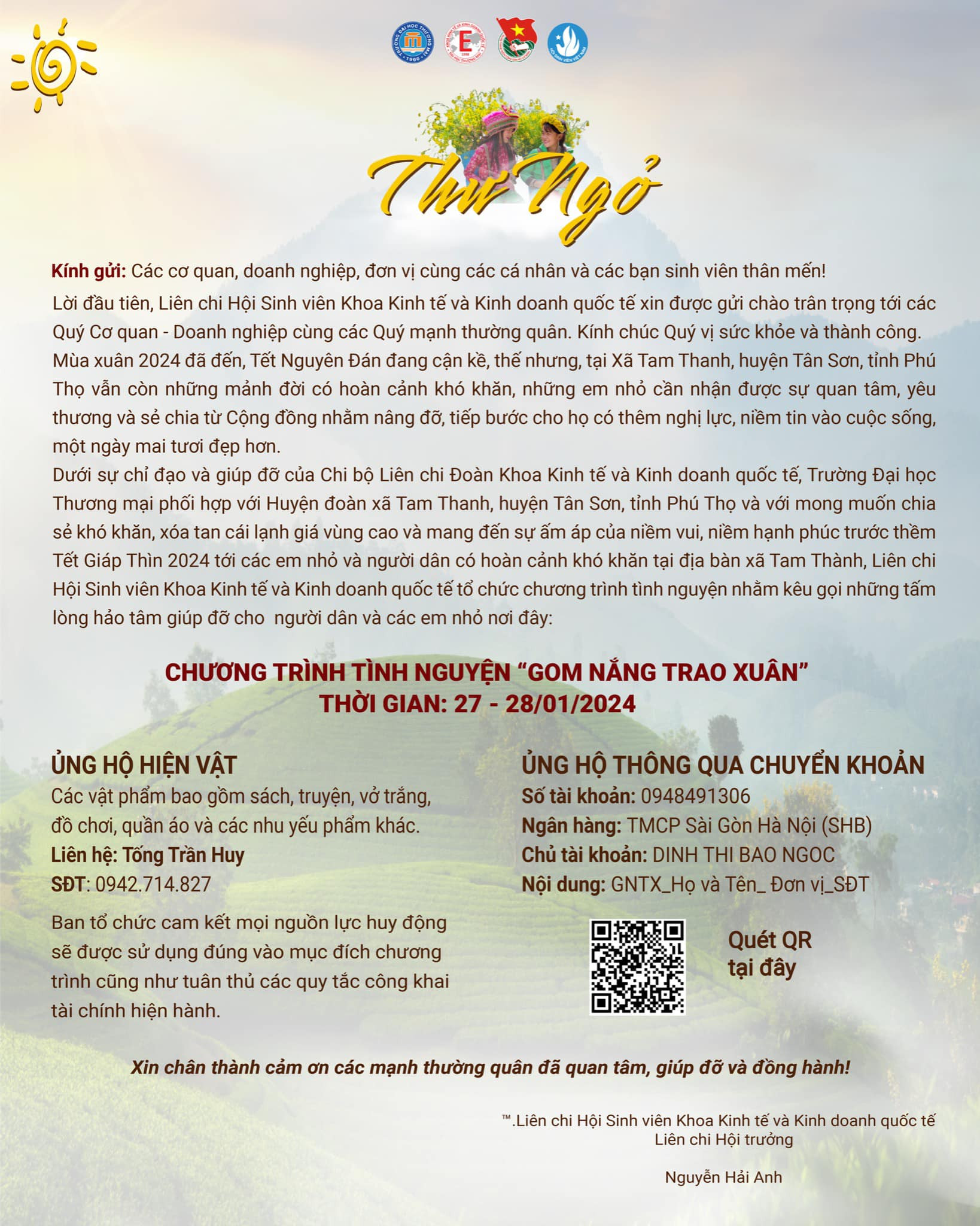 THƯ NGỎ - KÊU GỌI HỖ TRỢ CHƯƠNG TRÌNH TÌNH NGUYỆN “GOM NẮNG TRAO XUÂN”