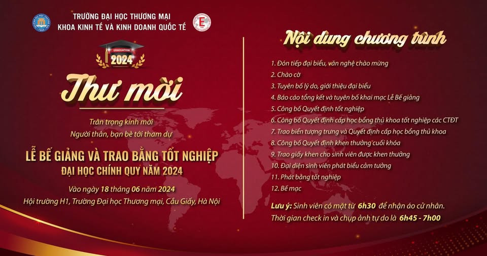 [THƯ MỜI  THAM DỰ LỄ BẾ GIẢNG VÀ TRAO BẰNG TỐT NGHIỆP ĐẠI HỌC CHÍNH QUY NĂM 2024]